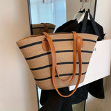 deanwangkt-1  Striped Pattern Straw Bag, Vacation Style Tote Bag, Boho Style Shoulder Bag For Travel Beach