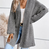 Striped Open Front Cardigan, Casual Lantern Sleeve Cardigan For Fall & Winter, Women's Clothing