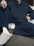 Men's Simple Style Solid Casual Pajamas Sets, Warm Flannel Lounge Wear, Long Sleeve Hoodies Pullover Top & Loose Pants