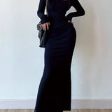 Square Neck Long Sleeve Slim Dress, Chic Solid Color Maxi Length Dress, Women's Clothing