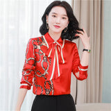 Printed Women Designer Lapel Shirts Silk Black Long Sleeve Elegant Fit Shirt Office Ladies Button Front Casual Satin Blouses Spring Fall Chic Slim Runway Tops