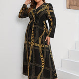 Plus Size Elegant Dress, Women's Plus Chian Print Long Sleeve Surplice Neck Slight Stretch Maxi Dress With Belt