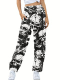 Plus Size Halloween Goth Pants, Women's Plus Allover Skull Print Elastic High Rise Slight Stretch Straight Leg Trousers