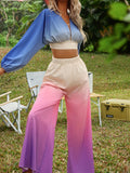 Holiday Color Block Two-piece Set, Lace Up Crop Top & Wide Leg Pants Outfits, Women's Clothing