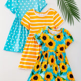 3pcs Girls Charming Short Sleeve Dress Set - Adorable Striped & Polka Dot Print with Sunflower Accent - Lightweight Summer Wear for Parties and Gifts