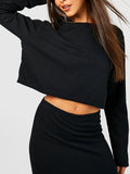 Elegant Solid Two-piece Skirt Set, Crew Neck Long Sleeve Top & High Waist Slit Skirts Outfits, Women's Clothing