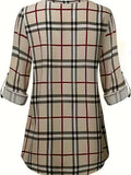 Plaid Print Notch Neck Blouse, Casual Long Sleeve Blouse For Spring & Fall, Women's Clothing