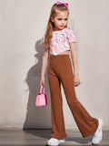 Girls' Elastic High Waist Flare Bell Bottom Ribbed Knit Long Pants. Kids Clothing