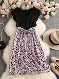 Plus Size Casual Dress, Women's Plus Colorblock Leopard Print Ruffle Sleeve V Neck Medium Stretch Belted Dress