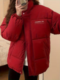 Zip Up Letter Print Puffy Coat, Long Sleeve Slant Pockets Outwear For Winter, Women's Clothing