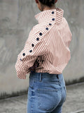 Striped Turtle Neck Button Decor Blouse, Elegant Long Sleeve Blouse, Women's Clothing