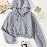 Solid Drawstring Zip Up Thermal Lined Crop Hoodie Sweatshirt, Long Sleeve Pocket Front Sweatshirt, Women's Tops