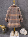 Girls Retro Plaid College Style Button Lapel Faux Woolen Jacket Overcoat, Autumn And Winter