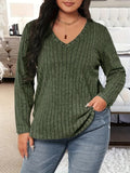 Plus Size Casual T-shirt, Women's Plus Ribbed Solid Long Sleeve V Neck Slight Stretch Top