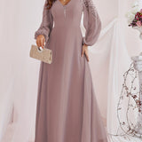 Solid Contrast Lace Dress, Elegant V Neck Long Sleeve Maxi Dress, Women's Clothing