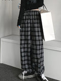 Plus Size Casual Pants, Women's Plus Plaid Print Elastic High Rise Wide Leg Trousers With Pockets