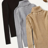 Solid Turtle Neck Sweater 3 Pack, Casual Long Sleeve Slim Pullover Sweater, Women's Clothing