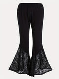 Plus Size Casual Pants, Women's Plus Plain Contrast Lace High Stretch Skinny Flare Leg Pants