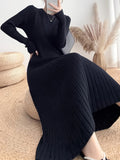 Ribbed Solid Midi Dress, Elegant Crew Neck Long Sleeve Dress, Women's Clothing