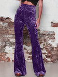 High Waist Solid Velvet Pants, Boho Every Day Flare Leg Pants For All Season, Women's Clothing