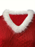 Women'S Plus Size Christmas Sweater with Faux Fur Trim, V-Neck Long Sleeve Pullover, Casual Knit Cardigan, Solid Color, Regular Fit, All Seasons