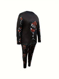 Women's Casual Christmas Wine Glass Print Long Sleeve & Pants Set with Pockets - Stretchy Polyester Blend, Machine Washable