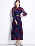 Floral Print Contrast Lace Dress, Elegant Button Front Party Maxi Dress, Women's Clothing