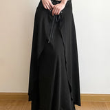 deanwangkt  Lace Up Layered Skirt, Elegant Maxi Length Solid Color A-line Skirt, Women's Clothing