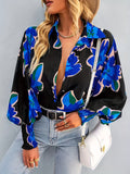 Plus Size Casual Blouse, Women's Plus Floral Print Button Up Lantern Sleeve Turn Down Collar Blouse