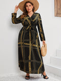 Plus Size Elegant Dress, Women's Plus Chian Print Long Sleeve Surplice Neck Slight Stretch Maxi Dress With Belt