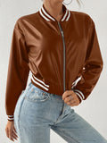 Faux Leather Crop Jacket, Y2K Zip Front Long Sleeve Jacket For Fall & Winter, Women's Clothing