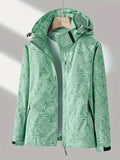 Leaf Print Outdoor Jacket With Removable Hood, Women's Windproof & Rainproof Jacket, Women's Outdoor Clothing