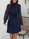 Solid Lace Spliced Midi Dress, Elegant Mock Collar Long Sleeve Lantern Sleeves Waist-Cinched A Line Dress, Women's Clothing