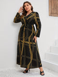 Plus Size Elegant Dress, Women's Plus Chian Print Long Sleeve Surplice Neck Slight Stretch Maxi Dress With Belt