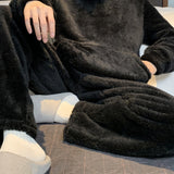 Men's Simple Style Solid Casual Pajamas Sets, Warm Flannel Lounge Wear, Long Sleeve Hoodies Pullover Top & Loose Pants