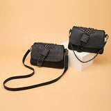 Rivet Skull Decor Metal Chain Crossbody Bag, PU Leather Textured Bag Purse, Cool Girl Punk Fashion Shoulder Bag