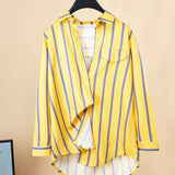 Striped Print Button Front Shirt, Casual Long Sleeve Hem Arc Collar Shirt, Women's Clothing