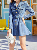 Long Sleeves Lapel Denim Dress, Flap Pockets Mid-Stretch With Waistband Peplum Denim Dress, Women's Denim Clothing