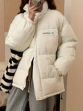 Zip Up Letter Print Puffy Coat, Long Sleeve Slant Pockets Outwear For Winter, Women's Clothing