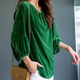 Lantern Sleeve Solid Blouse, Casual Crew Neck Versatile Blouse, Women's Clothing