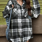 Plaid Pattern Button Front Jacket, Casual Long Sleeve Outwear For Spring & Fall, Women's Clothing