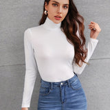 Solid Turtleneck Skinny T-Shirt, Versatile Long Sleeve T-Shirt For Spring & Fall, Women's Clothing