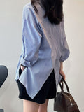 Striped Print Split Shirt, Casual Button Front Long Sleeve Shirt, Women's Clothing