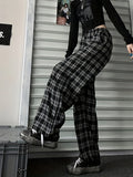 Plus Size Casual Pants, Women's Plus Plaid Print Elastic High Rise Wide Leg Trousers With Pockets