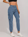 Flap Pocket Double Side Bottons Cargo Jeans, Wash Blue Street Jogger Jeans, Women's Denim Jeans & Clothing