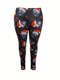 Plus Size Christmas Pants, Women's Plus Allover Print High Rise Medium Stretch Skinny Trousers