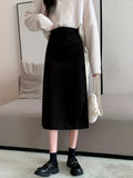 Solid High Waist Split Back Skirt, Vintage A Line Midi Skirt For Spring & Fall, Women's Clothing