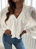 Ruffle Trim Solid Blouse, Sexy V Neck Button Front Long Sleeve Blouse, Women's Clothing