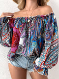 Paisley Print Off Shoulder Blouse, Casual Long Sleeve Blouse For Spring & Fall, Women's Clothing