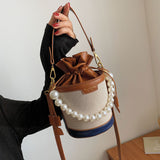 Women's Embossed Bucket Bag, Pearl Chain Crossbody Bag, Mini Top Handle Drawstring Purse (5.5*7.9) Inch